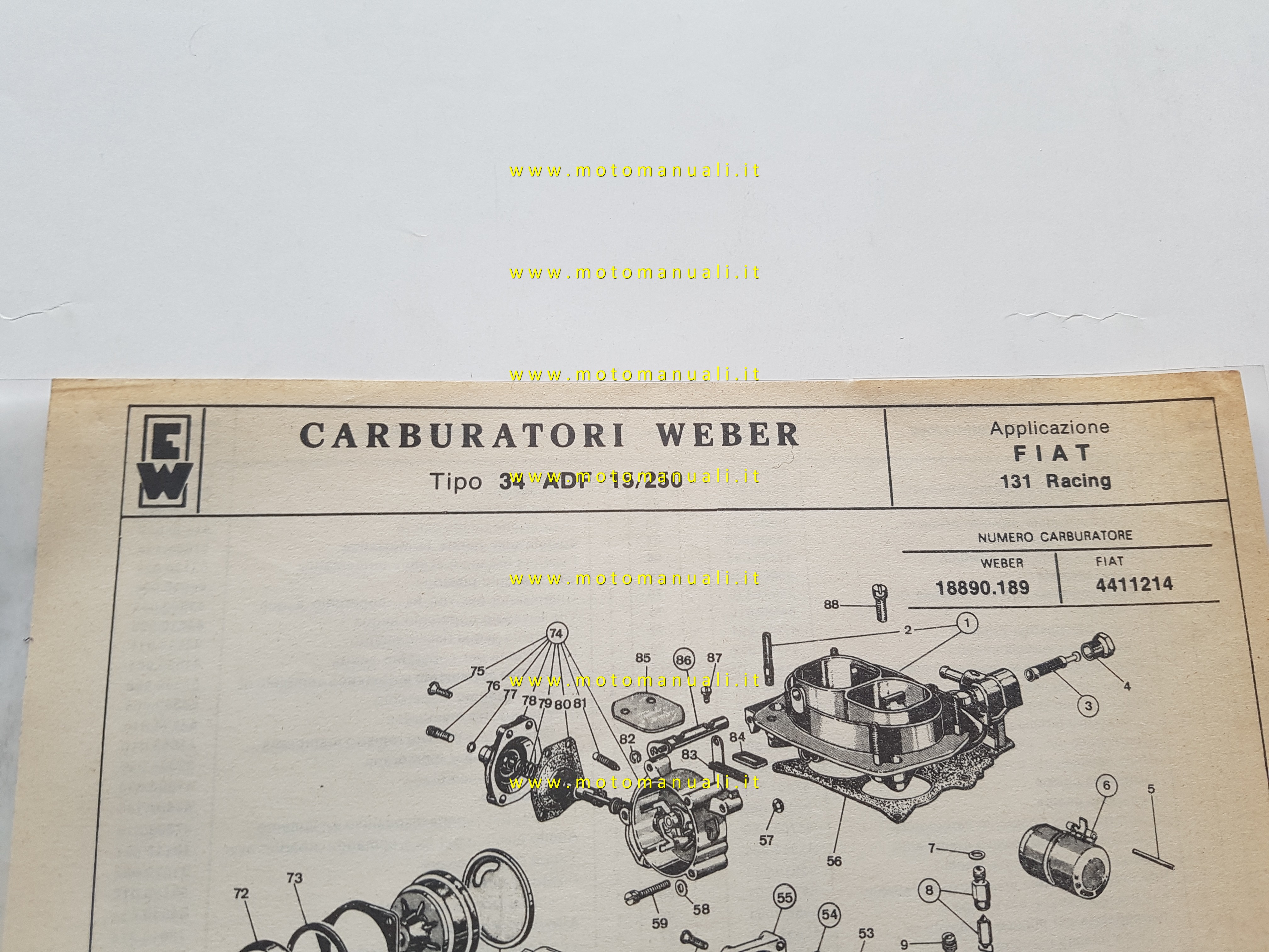 Weber carburatore 34 ADF 15/250 Fiat 131 Racing 1978 catalogo ricambi + regolaz.