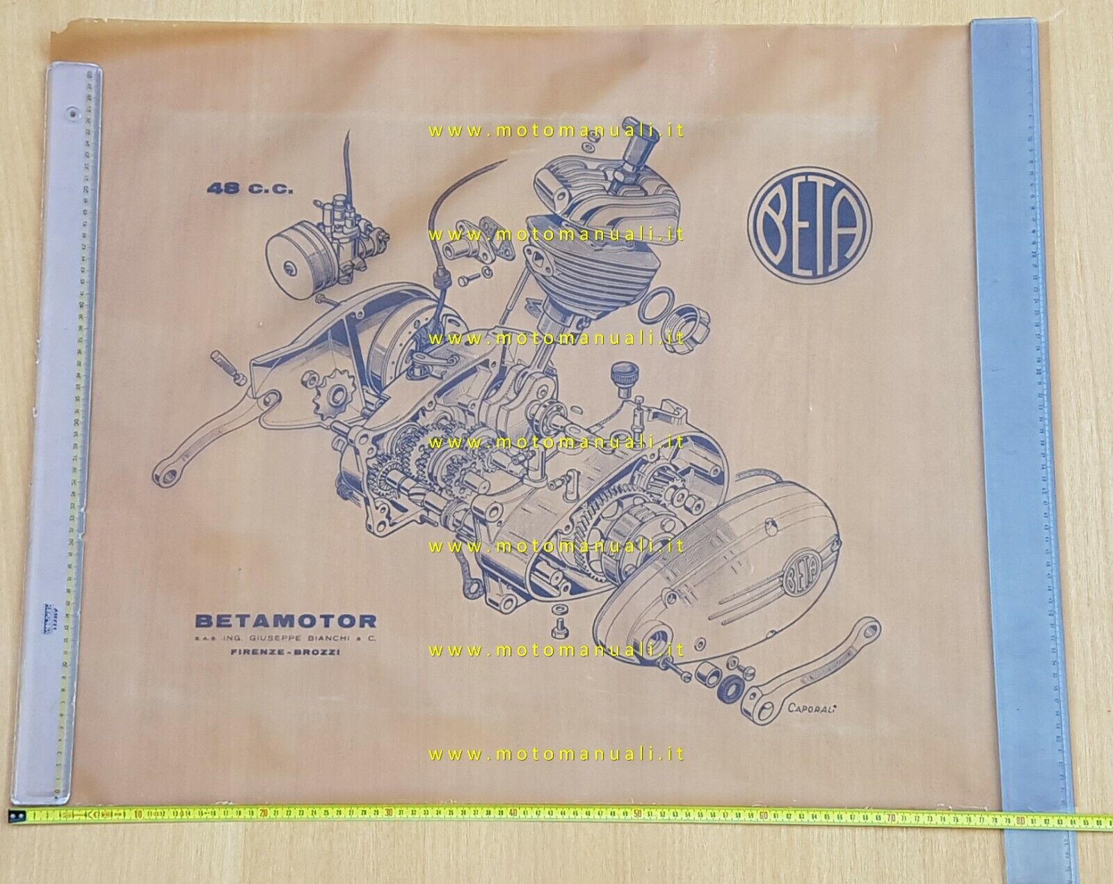 BETA esploso motore 48 disegno a china su lucido Caporali originale no poster 