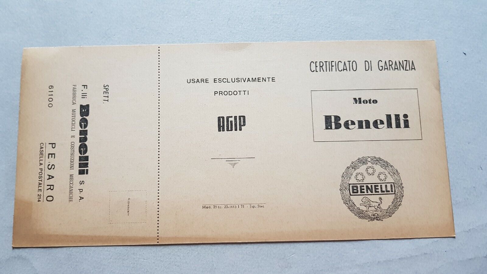 Benelli 1971 libretto tessera garanzia originale moto ciclomotori no depliant