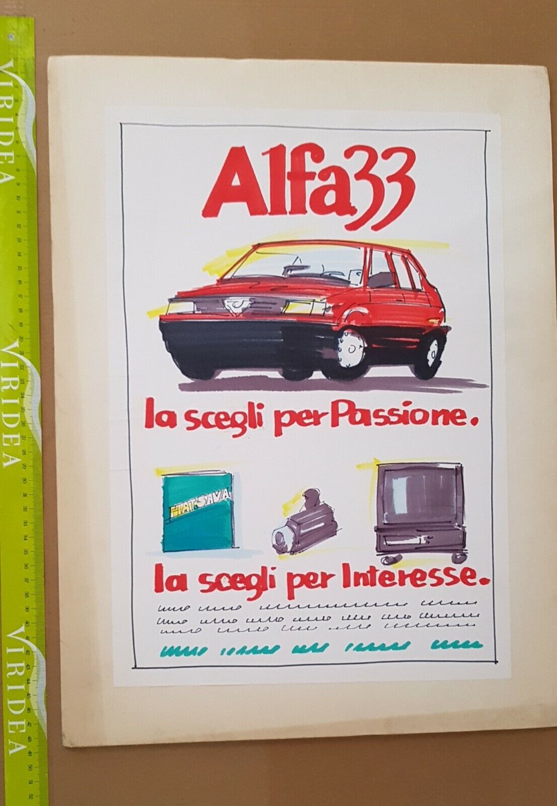 Alfa 33 bozzetto originale pubblicità disegno mano libera no manifesto poster 