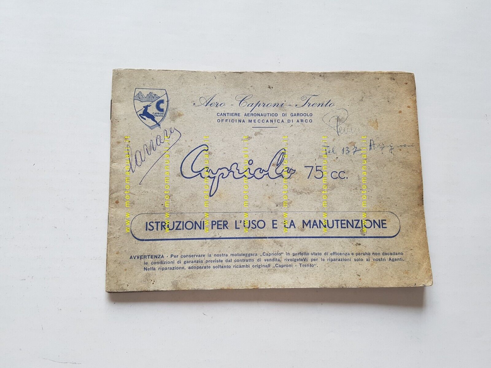 Aero Caproni Capriolo 75 manuale uso manutenzione + catalogo ricambi originale