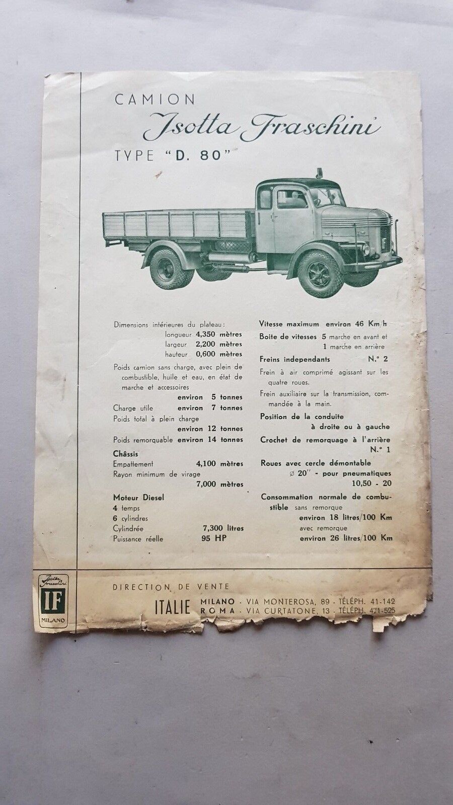 Isotta Fraschini Autocarro D 80 depliant originale FRANCESE brochure